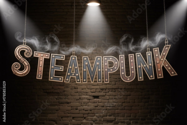 Fototapeta Evocative Steampunk Sign Hanging with Chains Against a Rustic Brick Wall, Perfect for Events, Games, or Creative Projects with a Touch of Vintage Industrial Flair