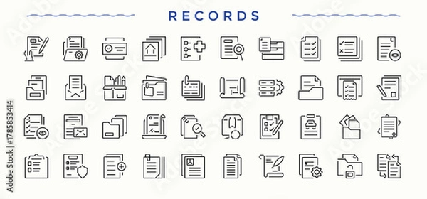 Fototapeta Records icon set. Document icon set. Outline icons collection. Containing form, data, paper, document, report and more. Vector collections.