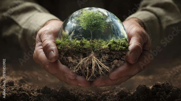 Fototapeta Hands holding glass sphere with tree and roots, concept of environmental protection and sustainable future