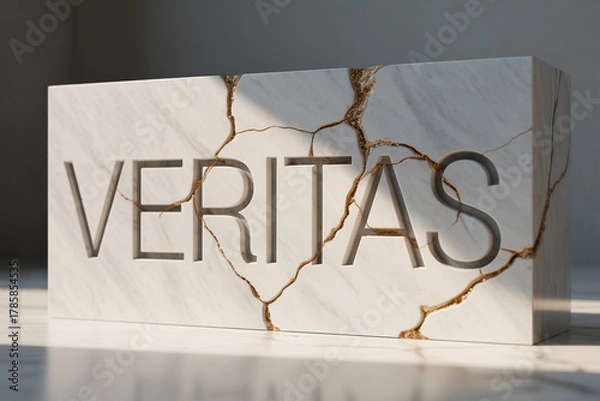 Fototapeta Elegant marble block with 'Veritas' carved out and golden cracks, perfect for luxury branding, philosophical concepts, and high-end decor inspiration