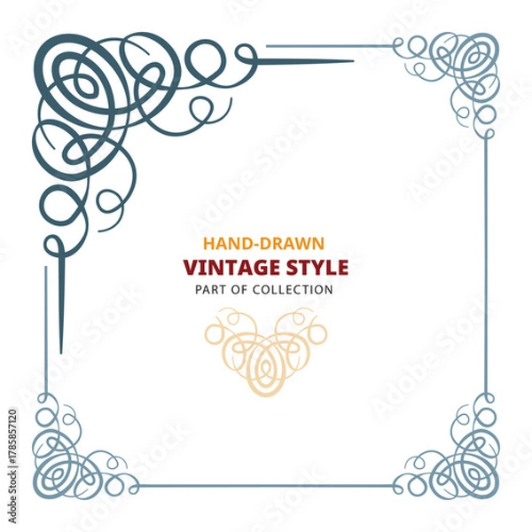 Fototapeta Hand-drawn vintage ornamental frame with elegant swirling flourishes and thin decorative lines. Perfect vector border design for invitations, menus, and classic packaging. Part of set.