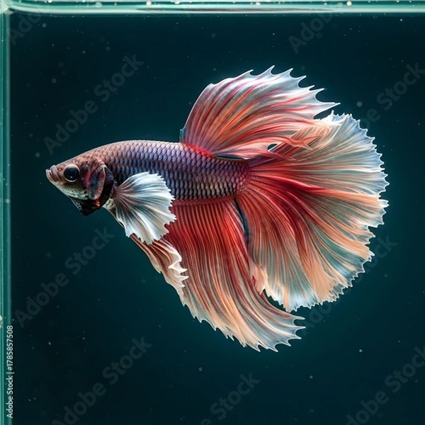 Fototapeta A vibrant and colorful betta fish with flowing fins swimming in clear water, showcasing its intricate patterns and elegant movement