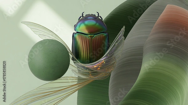 Fototapeta Iridescent beetle with delicate wings and a green sphere against a soft, abstract background