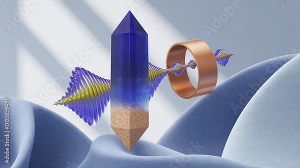 Fototapeta A vibrant blue crystal pierces through a copper ring, surrounded by abstract blue and yellow formations