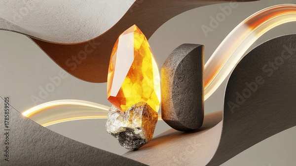 Fototapeta A glowing amber crystal rests beside a dark, textured stone, set against a backdrop of flowing fabric and light