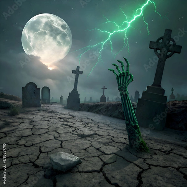 Obraz 3D Haunted Graveyard with Rising Skeleton Hand