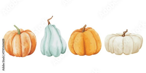 Obraz Watercolor autumn gourds and pumpkins arrangement with varied shapes and colors