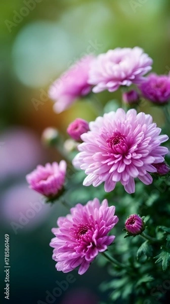 Fototapeta Close up of blooming pink asters in garden, macro photography of chrysanthemum flowers with soft bokeh and green background