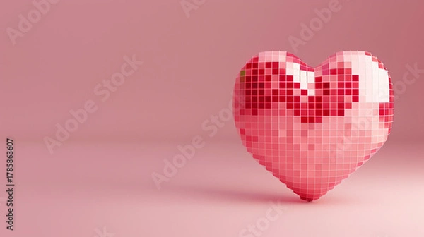Fototapeta Pink Pixel Art Heart Icon on Soft Pink Background. symbolizing love and technology in a creative, digital style.