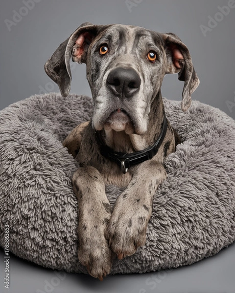 Obraz Studio shot of an adorable Great Dane lying on a grey soft pillow.
