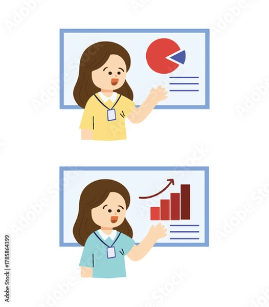 Fototapeta Woman doing presentations at work with graphic and pie charts. Working element collection

