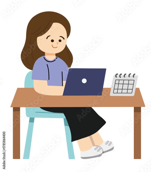 Fototapeta Woman working on a laptop in a work. Working hand drawn clipart elements for graphic, presentation
