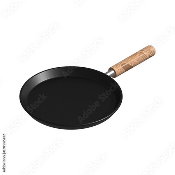 Fototapeta Black Frying Pan with Wooden Handle – Realistic Vector Illustration on White Background