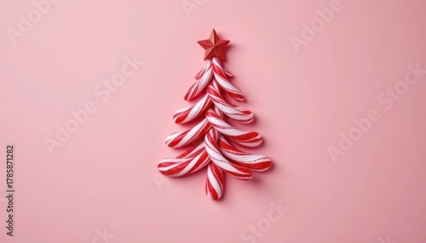 Obraz Christmas tree shape created with red and white striped candy canes topped with a red star