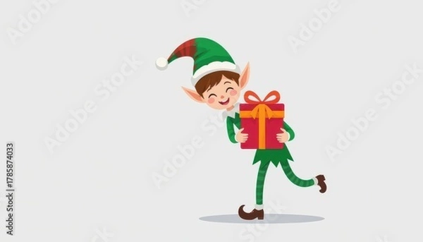 Obraz Cheerful cartoon Christmas elf in green holding a bright red gift box with an orange ribbon