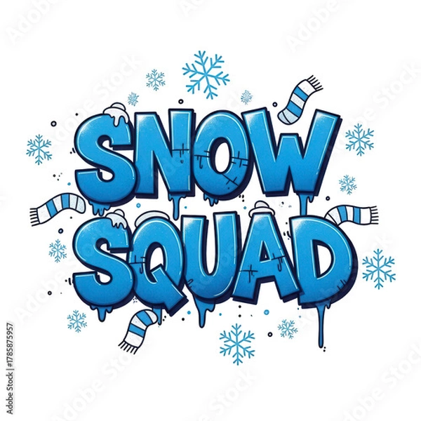 Fototapeta Whimsical "Snow Squad" lettering with dripping ice effect surrounded by snowflakes and playful scarves, perfect for winter themes on transparent background