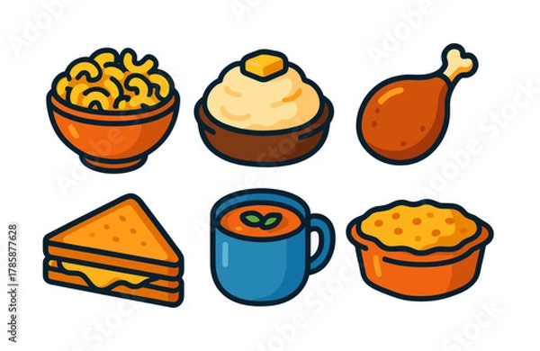 Fototapeta Colorful food icons featuring macaroni, mashed potatoes, chicken, sandwich, soup, and pie