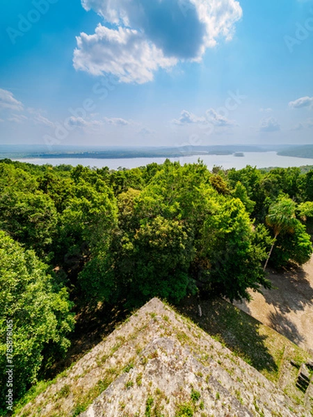 Fototapeta View towards the Yaxha Lake from Temple 216 at East Acropolis, Yaxha Archaeological Site, Peten Department, Guatemala