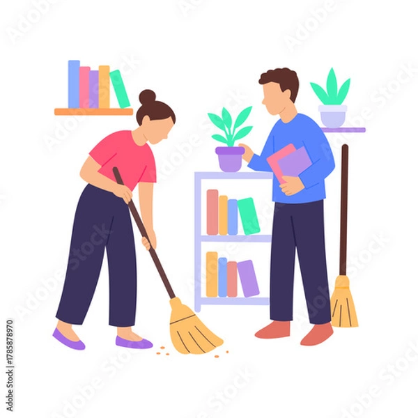 Obraz Cleaning, working together to tidy shared spaces