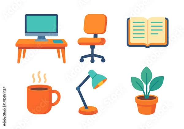 Fototapeta Modern office essentials: desk, chair, computer, book, lamp, plant, coffee cup