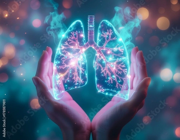 Obraz Hands Holding Glowing Digital Lungs Hologram with Futuristic Medical Concept