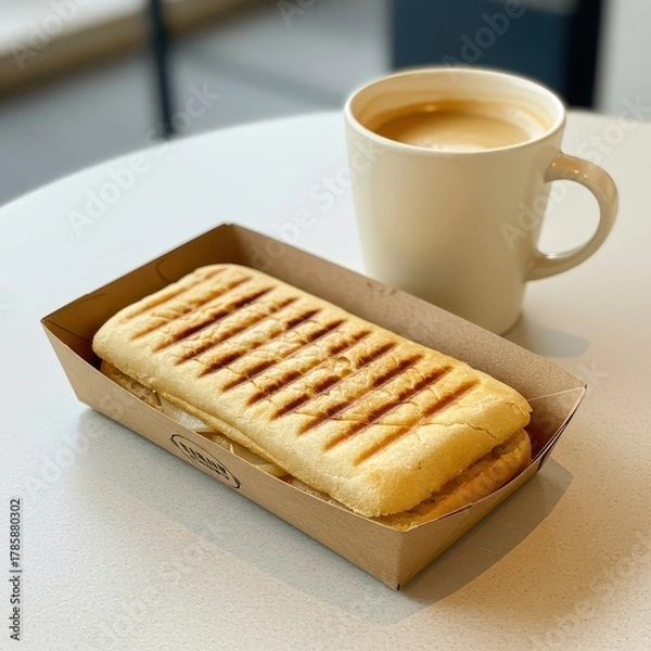 Obraz Grilled Panini Sandwich with Coffee on Cafe Table, Casual Breakfast or Lunch Setting, Cozy Morning Meal, Warm Pressed Sandwich and Hot Beverage, Minimalist Food Styling, Light and Airy Ambience