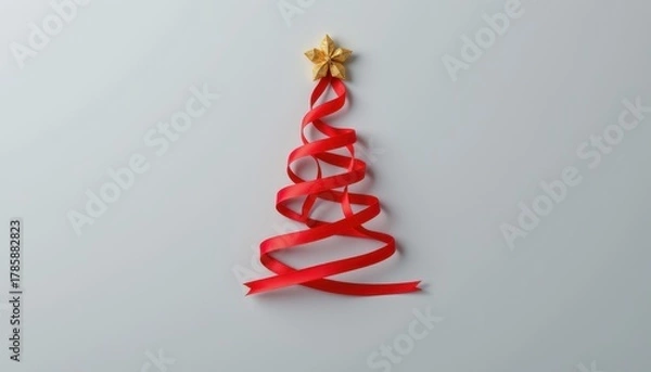Obraz Minimalist Christmas tree shape constructed from a single coiled red ribbon topped with a gold star