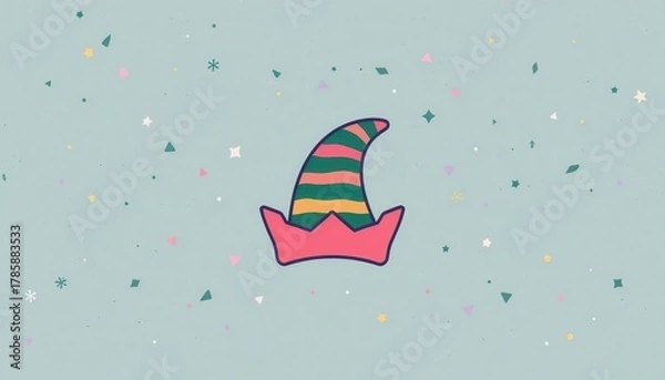 Obraz Whimsical cartoon elf hat with colorful stripes against a light blue background with confetti shapes
