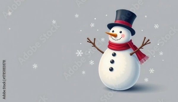 Obraz Cheerful three ball snowman wearing a black top hat and red scarf stands in gentle snowfall