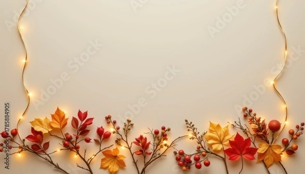 Obraz Autumn leaves and glowing fairy lights frame a warm toned empty space copy area