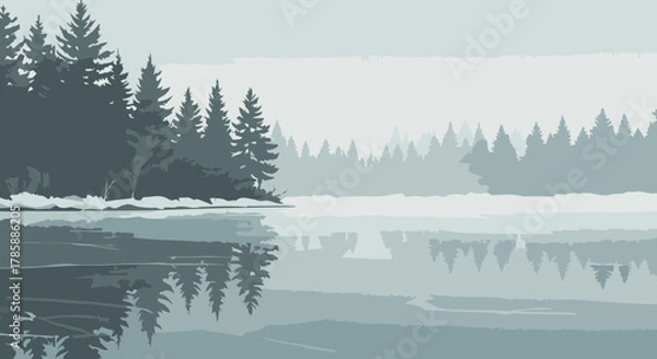 Fototapeta Frozen Lake and Forest Landscape in Winter