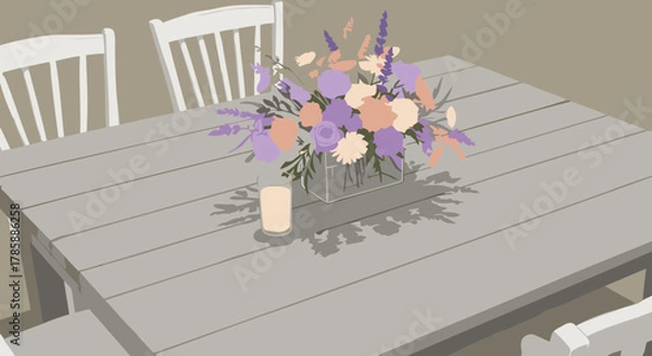 Fototapeta Here's a stock photo description for the image provided:

Table Setting with Flowers and Milk