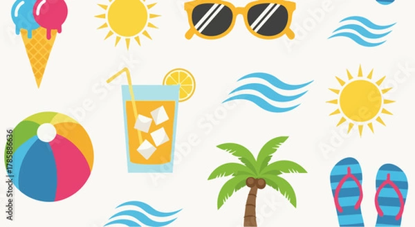 Fototapeta Summer fun collection - ice cream, sunglasses, waves, juice, beach ball, palm tree, and flip-flops.