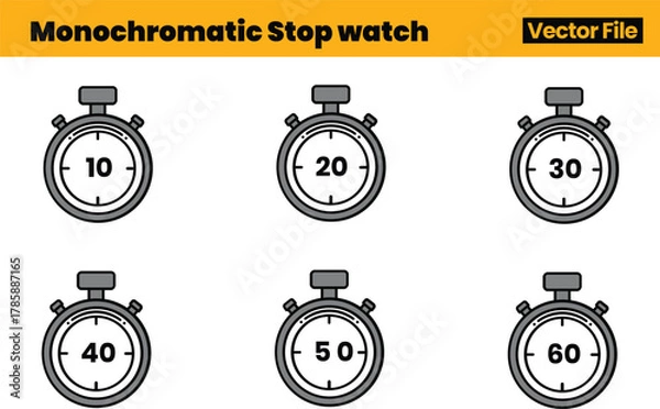 Fototapeta Productivity-Themed Timer Icon Pack Featuring Six Labeled Stopwatch Vectors with Incremental Time Durations