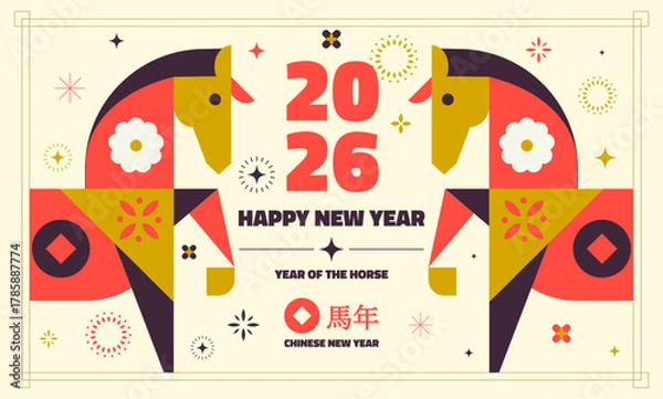 Fototapeta Colorful flat geometric illustration celebrating the 2026 Chinese New Year – Year of the Horse.
Features a stylized horse composed of geometric shapes with festive lanterns. Vector illustration
