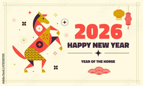Fototapeta Colorful flat geometric illustration celebrating the 2026 Chinese New Year – Year of the Horse.
Features a stylized horse composed of geometric shapes with festive lanterns. Vector illustration