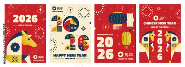 Fototapeta Set of modern geometric Chinese New Year 2026 posters and greeting cards, celebrating the Year of the Horse. Elegant flat design style with bold shapes, abstract horse illustration. Vector