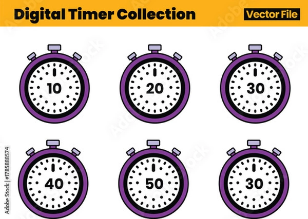 Obraz Stopwatch Vector Design Set Including Six Illustrated Timers with Labeled Seconds for Measurement Concepts