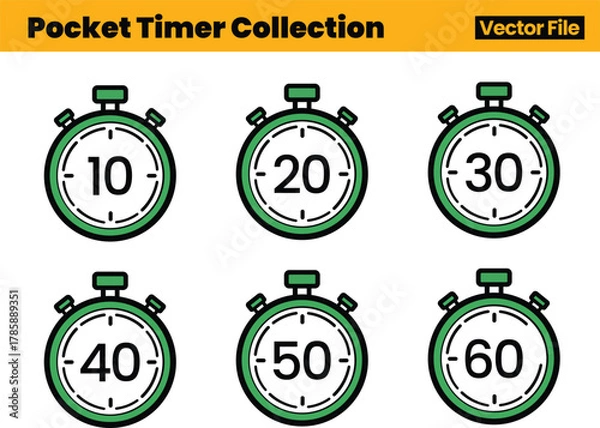 Fototapeta Minimalist Quick Timer Icon Set with Six Stopwatches Indicating Predefined Second Intervals for Timekeeping Visuals