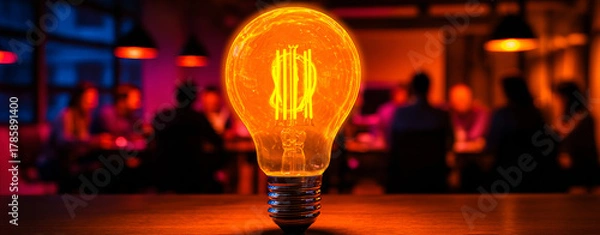 Obraz Bright light bulb glowing in brainstorming session, symbolizing innovation and creativity