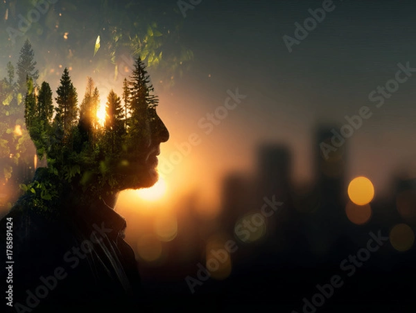Obraz Silhouette of person with forest landscape inside their head, symbolizing nature and urban life