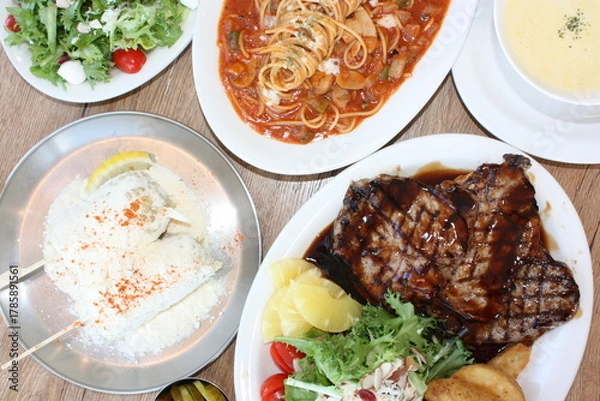 Obraz Tomato Spaghetti, Pork Neck Steak, Cheese Corn, Corn Soup