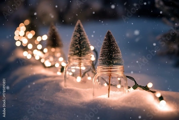 Fototapeta Enchanting Miniature Christmas Tree Jars in Winter Wonderland Create a Cozy and Festive Holiday Atmosphere.