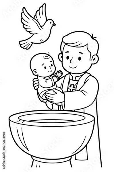 Fototapeta Illustration of a priest holding a baby during a baptism ceremony, with a dove flying above, symbolizing purity and new beginnings in a spiritual context