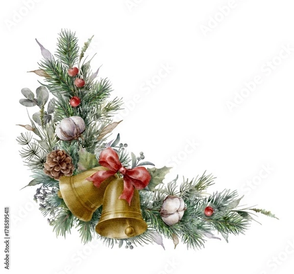 Fototapeta Watercolor corner Christmas element with fir branches,  jingle bells, eucalyptus, cotton flowers, berries and cones. Spruce corner garland. 