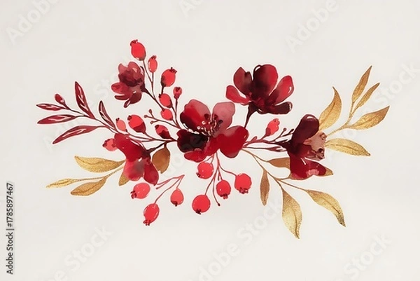 Obraz Elegant Watercolor Flower Arrangement with Red Blooms and Golden Leaves, Depicting Grace and Beauty (63 characters)