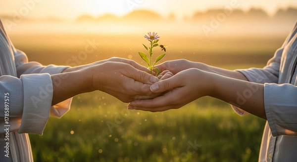 Fototapeta seedling sprout in caring hands, agriculture.