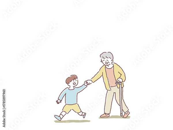Obraz 杖をついたおばあちゃんの手を引いて歩く男の子