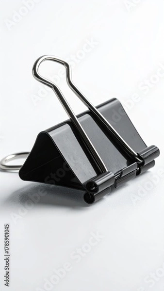 Fototapeta Black binder clip, silver levers, on a white background
