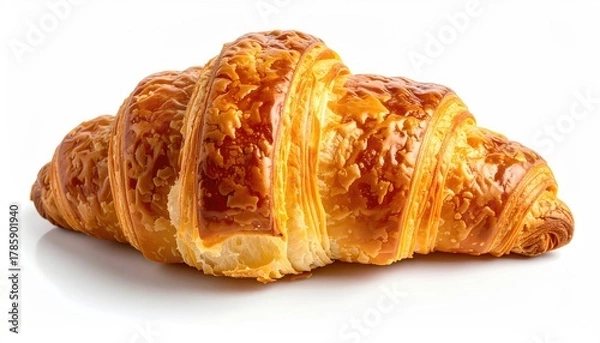 Fototapeta Buttery golden croissant with flaky layers, sitting on white